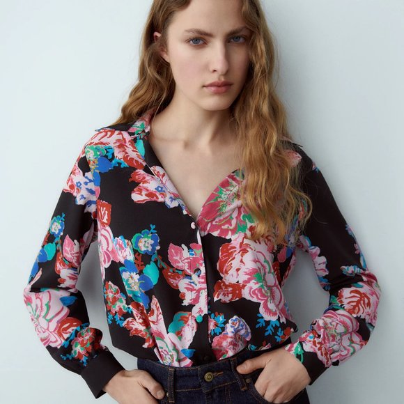 Zara black pink floral blouse shirt top S SM Small - Picture 1 of 16